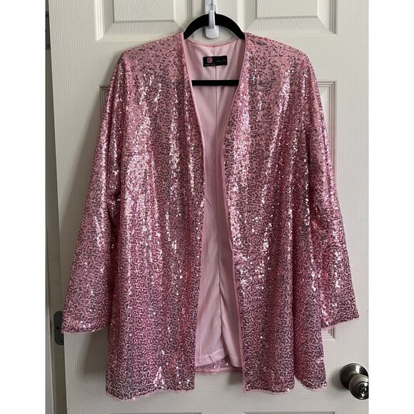 KANCY KOLE Pink All Over Sequin Open Front Cardigan Jacket Blazer Sz L - Picture 2 of 11